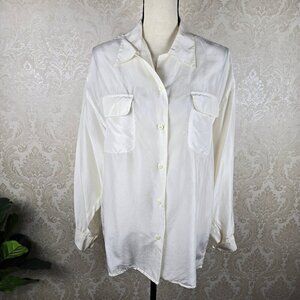 SilkLand Size Large Cream Button Up Shirt Double Chest Pockets Long Sleeve